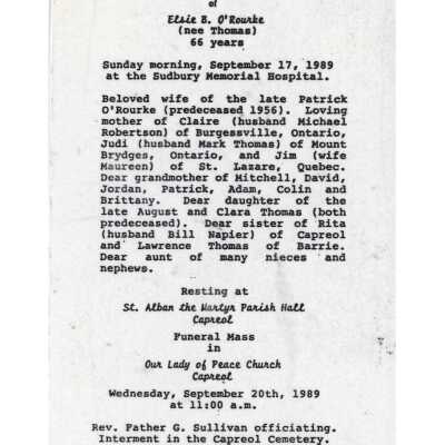Document, Obituary, Ellie B. O'Rourke.