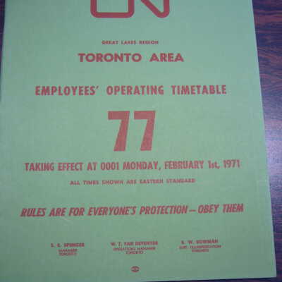 CN Great Lakes Region Toronto Area Employees' Operating Timetable 77. Febraury 1st 1971.