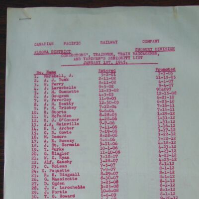 Canadian Pacific Railway Company, Algoma District, Conductors, Trainmen, Train Baggagemen, and Yardmen's Seniority List, January 1st, 1945