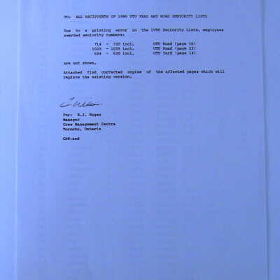 Canadian National Railway- 1990 UTU Yard and Road Seniority Lists Misprint Correction
