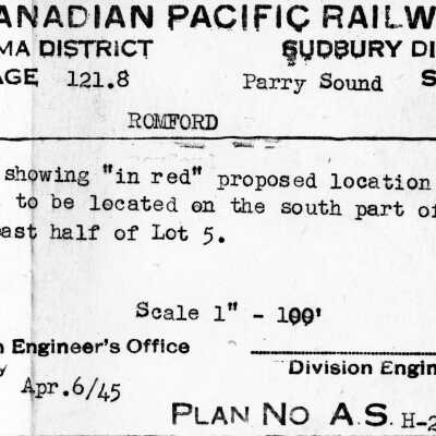 Document, Plan, Canadian Pacific Railways, Algoma District, Sudbury Division,Parry Sound Subdivision, Romford Ontario, Plan showing proposed location of poles to be located on the south part of the east half of Lot 5.