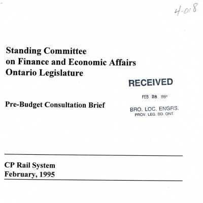 Document, Standing Committee on Finance and Economic Affairs Ontario Legislature, Pre-Budget Consultation Brief, CP Rail System, February 1995.