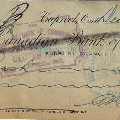 Cheque Written to the Canadian Bank of Commerce by A. Cavanaugh in 1923