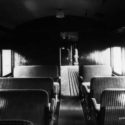 Photograph, Oil electric car, Inside passenger car 15831, showing baggage car.