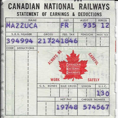 Canadian National Statement of Earnings and Deductions belonging to Frank Mazzuca
