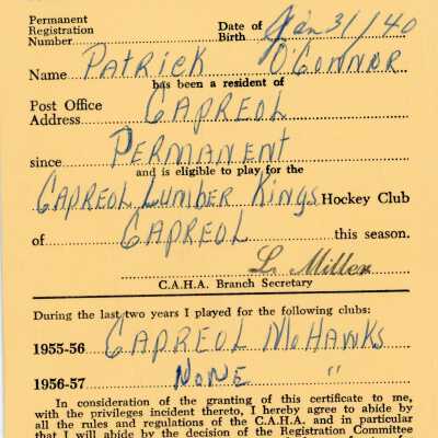 Hockey Player's Registration Certificate belonging to Patrick O'Connor