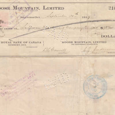 Document- Sullivan Machinery Company Ltd. Moose Mountain Mine Cheque