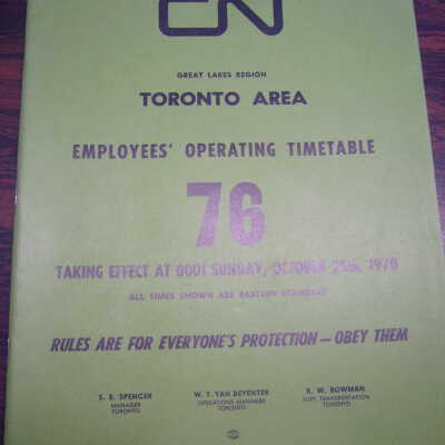 CN Great Lakes Region Toronto Area Employees' Operating Timetable 76. October 25th 1970