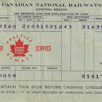 Canadian National Statement of Earnings and Deductions belonging to Frank Mazzuca