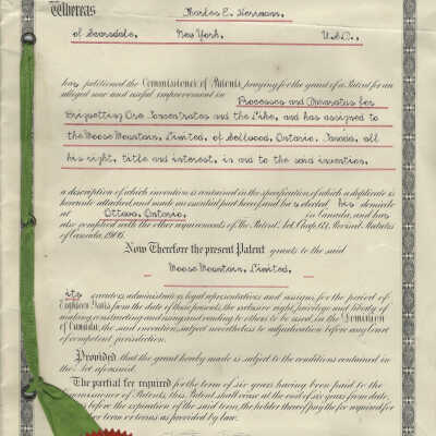 Patent Documents, Moose Mountain Ltd., Dominion of Canada. Charles E. Herrmann's "Processes and Apparatus for Briqueting Ore Concentrates". 18th January 1916. Patent No. 167116