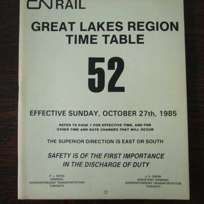 CN Great Lakes Region Time Table No. 52, Effective Sunday, October 27th, 1985