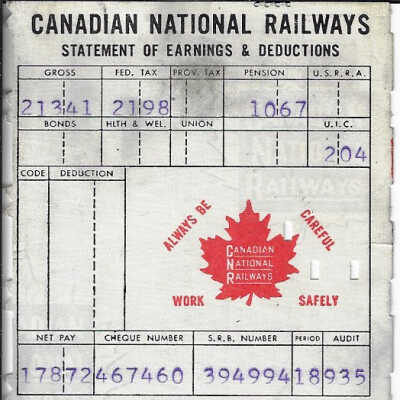 Canadian National Statement of Earnings and Deductions belonging to Frank Mazzuca