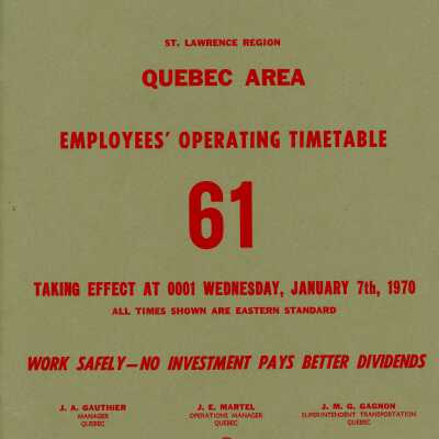 Employee Timetable, CN Rail, Quebec Area 61, January 7th 1970.