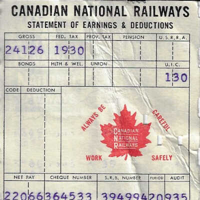 Canadian National Statement of Earning and Deductions Belonging to Frank Mazzuca