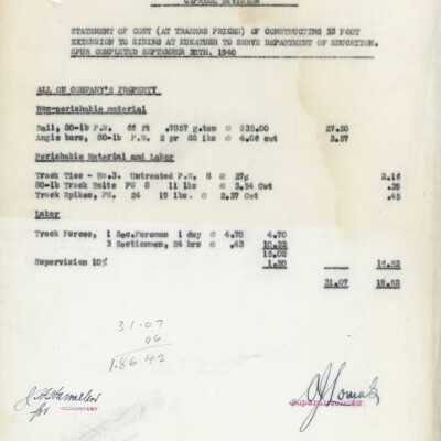 Document, Canadian National Railway, Central Region, Northern Ontario District Capreol Division, Statement of Cost at Traders Prices of Constructing 33 Foot Extension to Siding at Kukatush to Serve Department of Education, Spur Completed September 30, 1940.