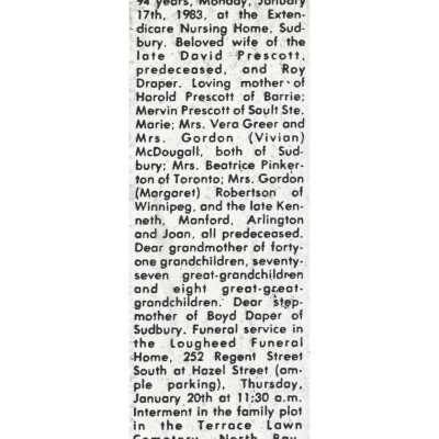 Document, Obituary, Magaret Victoria Draper-Prescott.