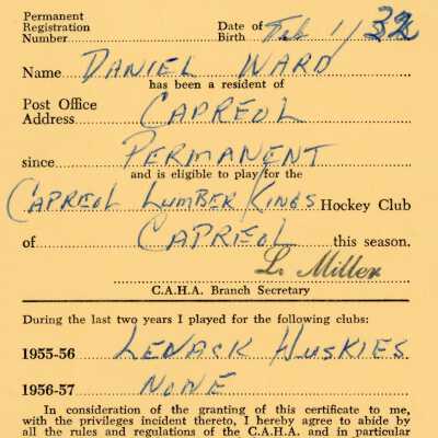 Hockey Player's Registration Certificate belonging to Daniel Ward