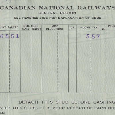 Canadian National Statement of Earnings and Deductions belonging to Frank Mazzuca