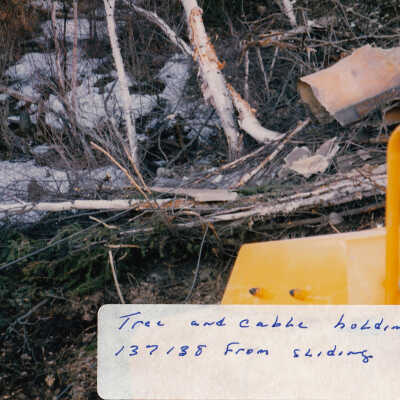 Photograph, Train Derailment, 1988, Set of 175 Pictures. "Tree and cable holding 137138 from sliding"