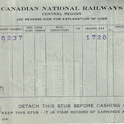 Canadian National Statement of Earnings and Deductions belonging to Frank Mazzuca