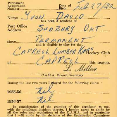 Hockey Player's Registration Certificate belonging to Yvon David
