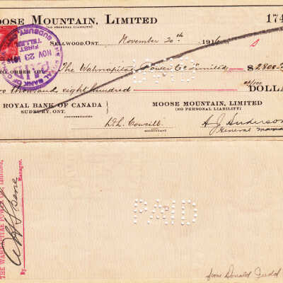 Document- The Wahnapitae Power Co. Limited Moose Mountain Mine Cheque