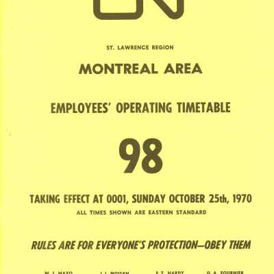 Employee Timetable, CN Rail, St. Lawrence Region, Montreal Area, Timetable 98, October 25th, 1970.