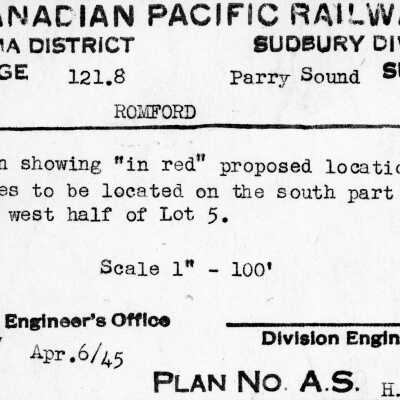 Document, Plan, Canadian Pacific Railways, Algoma District, Sudbury Division,Parry Sound Subdivision, Romford Ontario, Plan showing proposed location of poles to be located on the south part of the west half of Lot 5.