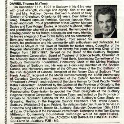 Document, Tom Davies Obituary.