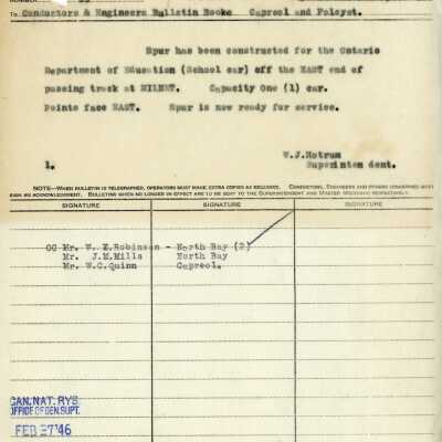 Document, Canadian National Railways, Bulletin to Conductors and Engineers Bulletin Book.