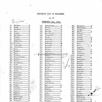 Seniority List of Enginemen as of February 7th, 1920. Temiskaming & Northern Ontario Railway