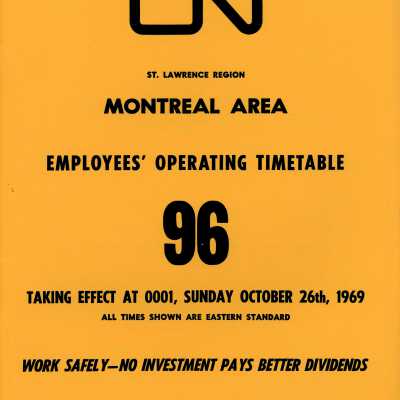 Employee Timetable, CN Rail, Montreal Area 96, October 26th 1969.