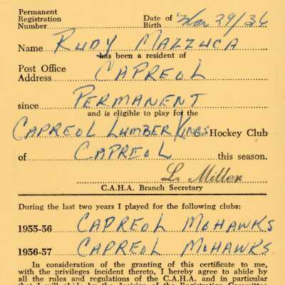 Hockey Player's Registration Certificate belonging to Rudy Mazzuca