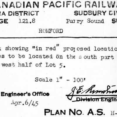 Document, Plan, Canadian Pacific Railways, Algoma District, Sudbury Division,Parry Sound Subdivision, Romford Ontario, Plan showing proposed location of poles to be located on the south part of the west half of Lot 5.