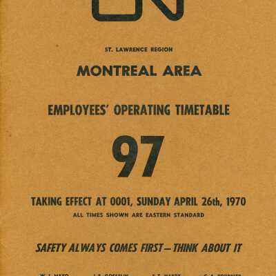Employee Timetable, CN Rail, St. Lawrence Region, Montreal Area, Timetable 97, April 26th, 1970.