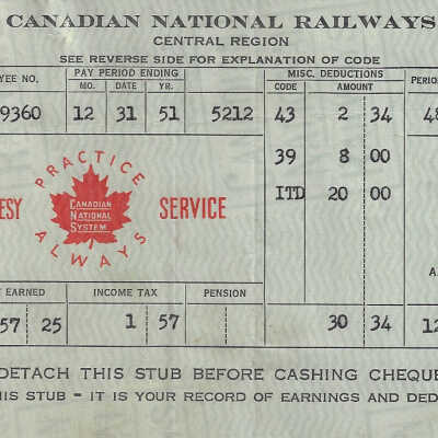 Canadian National Statement of Earnings and Deductions belonging to Frank Mazzuca