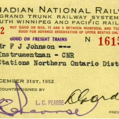 Canadian National Railways Northern Ontario District Pass, F. J. Johnson, 1951-1952