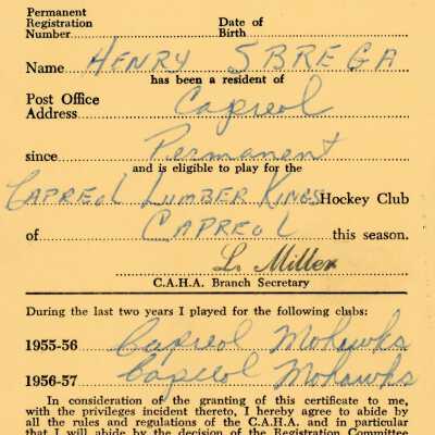 Hockey Player's Registration Certificate belonging to Henry Sbrega