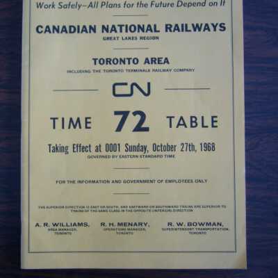 Canadian National Railways Great Lakes Region Toronto Area Time Table No. 72, taking effect October 27th, 1968
