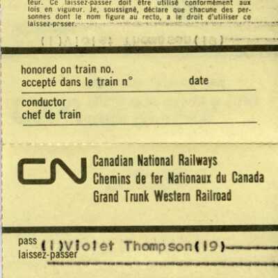 Canadian National: Employee Trip Pass, Capreol to Halifax and back, assigned to Violet Marie Thompson, daughter of R. W. Thomas, Brakeman, 1976