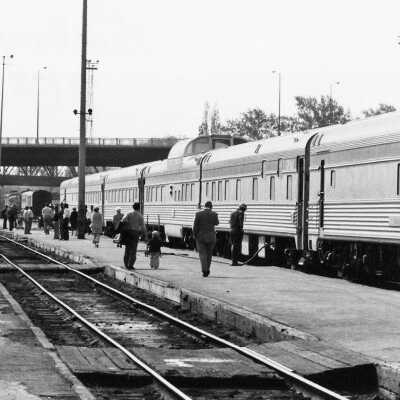Photograph - Passengers on platform beside train, Sudbury during switching 1975