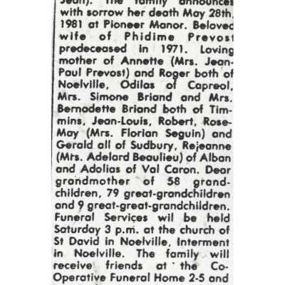 Document, Obituary, Marie Onille Prevost.