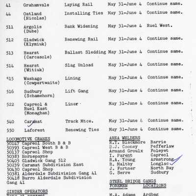 Document, Canadian National Railways, Northern Ontario Area, Capreol Ontario Location Reports, 27 May 1976.