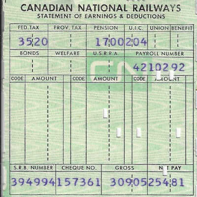 Canadian National Statement of Earnings and Deductions belonging to Frank Mazzuca