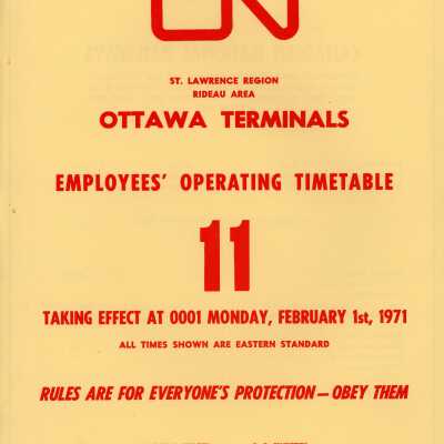Employee Timetable, CN Rail, Ottawa Terminals 11, February 1st 1971.