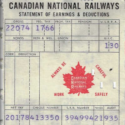 Canadian National Statement of Earnings and Deductions Belonging to Frank Mazzuca