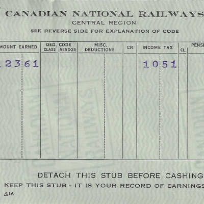 Canadian National Statement of Earnings and Deductions belonging to Frank Mazzuca