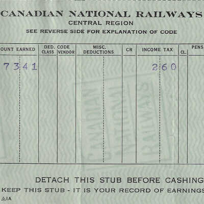 Canadian National Statement of Earnings and Deductions belonging to Frank Mazzuca