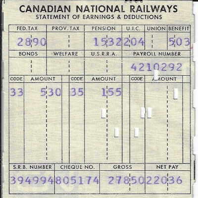 Canadian National Statement of Earnings and Deductions belonging to Frank Mazzuca