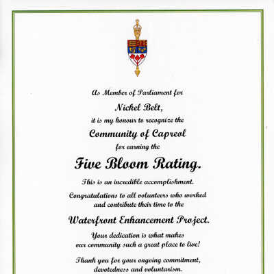 Congratulatory letter from Marc Serre, re: Five Blooms Rating from Communities in Bloom, 2017